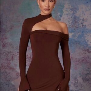 Oh Polly Asymmetric One-Shoulder Brown Women’s Dress